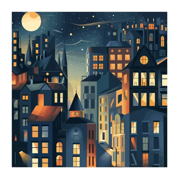 Stock vector Quaint European cityscape illustration under night sky. Stylized buildings, warm lit windows, full moon glowing above tapered rooftops. Cobblestoned street corner, urban scene, nocturnal city charm