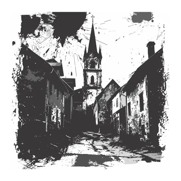 Tek renkli vektör çizimi eski Avrupa caddesi kilise kulesine doğru gidiyor. Siyah beyaz grunge sanat stili, tuhaf köy manzarasını tasvir ediyor, binalar dar yol hizasında. Stark karşıtlıkları