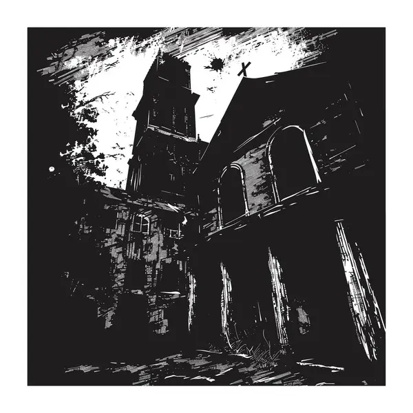 Gotik mimari karamsar siyah beyaz sanat eserlerine hükmediyor, kilise kulesi gökyüzüne yükseliyor. Karanlık, kumlu stil, tarihi binaları gösteren uğursuz bir atmosfer yaratıyor. Karşıtlık ışığı