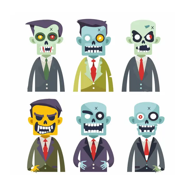 stock vector Six zombie businessmen cartoon characters. Zombie characters wearing business suits ties. Cartoon zombies, mix green yellowhued skin, undead office workers