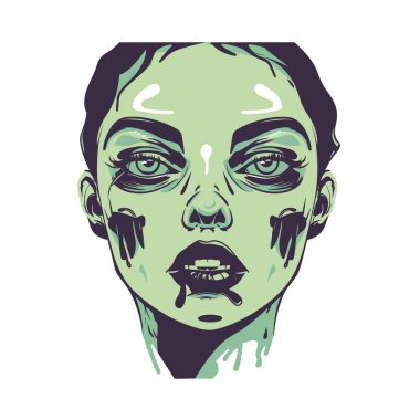 Kadın yüzü gerçeküstü grafik sanatında eriyor. Resme hakim olan yeşil tonlar, tüyler ürpertici dönüşüm etkilerini aktarıyor. Gözler, izole edilmiş beyaz arka plana karşı korkuyu ifade eder