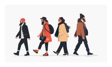 Four stylish people walking side side, modern urban winter fashion, group friends strolling together. Diverse men women illustrated trendy outerwear, casual street style, moving forward. Young clipart