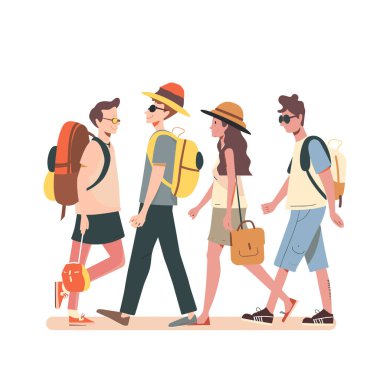 Bir grup genç turist birlikte yürüyor, sırt çantası taşıyor, yazlık şapkalar takıyor. İki erkek, iki kadın, düz vektör çizimi. Keyifli yürüyüşler.