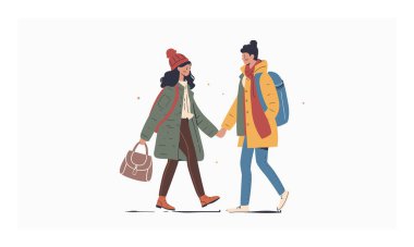 Birlikte yürüyen iki kadın, gezen arkadaşlar, sıradan kış modası. Kadın karakterler el ele tutuşuyor, neşeli bir ifade, modern sokak tarzı. El yapımı illüstrasyon, kalın paltolar, takkeler