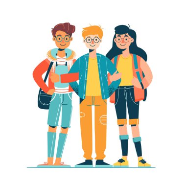 Three young friends standing together, smiling, looking confident. Diverse group animated characters, casual streetwear fashion. Youthful, happy, diverse teenagers, stylish clothing, friendship clipart