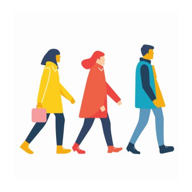 Three young adults walking side side, modern casual style. Diverse group stylized people, fashionable outfits, dynamic pose. Flat design characters, colorful, gender neutral, urban scene clipart