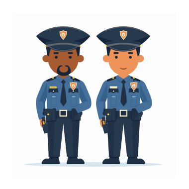 İki karikatür polisi, bir Afro-Amerikalı bir Kafkasyalı, güvenle ayakta duruyor. Her iki erkek karakter de gülümsüyor, polis rozeti takıyor, kemer takıyor, silah kılıfında. Mavi üniformalı subaylar.