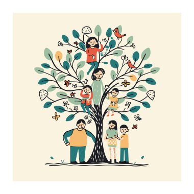 Family tree illustration multiple generations. Cartoon people various ages, genders, ethnicities gathered around tree. Whimsical design, colorful leaves flowers, happy expressions clipart