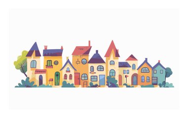 Çevredeki çeşitli evleri gösteren renkli banliyö çizimleri. Çeşitli mimari ağaçların çalılarının olduğu çizgi film tarzı evler. Çekici konutlar çizimi, ideal topluluk