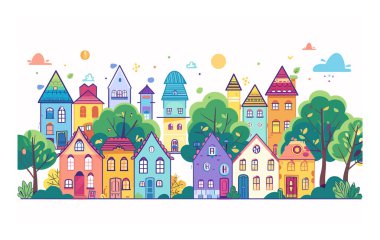 Renkli çizgi film şehirleri çeşitli şirin evler, ağaçlar, bulutlar berrak gökyüzüne karşı. Parlak renkli binalar, çeşitli mimari, sakin şehir manzarası çocuk kitapları illüstrasyonları. Fantezi şehri