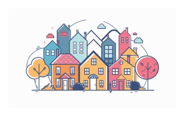 Neşeli, stilize şehir manzarası, Avrupa 'nın renkli ev çizgileri. Antika şehir ağaçları pastel renkler modern düz tasarım. Moda yerleşim bölgesi sokak manzarası