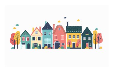 Renkli evler, ağaçlar, sakin mahalle, antika kasaba. Çeşitli binalar şirin şehir manzarası düz tasarımı. Sonbahar atmosferi huzurlu köy pastel renkler ev dış