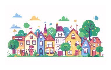 Renkli çizgi film köyü, çeşitli kaprisli evler, yeşil gökyüzü bulutları altında güneş. Tuhaf ağaçlar fantezi tarzı evleri, farklı çatı pencerelerini çevrelemektedir. Tuhaf kasaba manzarası büyüleyici.