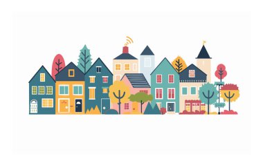 Renkli kasaba evleri, karikatür şehir manzarası, düz tasarım. Tuhaf bir mahalle, stilize edilmiş yerleşim bölgesi, çeşitli evler mimarisi. İzole edilmiş beyaz arkaplan