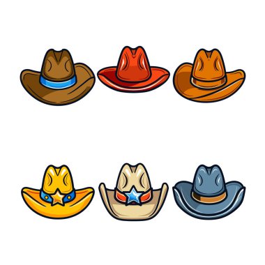 Renkli kovboy şapkaları vektör illüstrasyonu izole edilmiş beyaz arka plan. Çeşitli renkler gösteren kovboy şapkaları, batı temalı başlık grafikleri. Çizgi film tarzı şapkalar, moda aksesuarları.