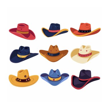 Çeşitli kovboy şapkaları koleksiyonu vektör illüstrasyonu izole edilmiş beyaz arka plan. Renkli batı şapkaları tasarım, moda aksesuarları kovboy kostümü. Çizgi film tarzı şapkalar, farklı şekiller.