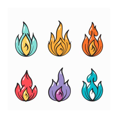 Değişik renklerde altı stilize alev, canlı sanatsal görünüyor. Farklı alev tasarımları yapın, karikatür gibi, renkli, ideal logo simgeleri. Ateş çizimleri, renkli, yaratıcı, mükemmel markalaşma.
