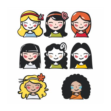 Dokuz farklı çizgi film kızı gülümsüyor, çeşitli saç stilleri var. Çizgi film kadın karakterleri, neşeli ifadeler, çok kültürlü. Neşeli kızlar, renkli, arkadaş canlısı, mutlu, çeşitlilik grubu.