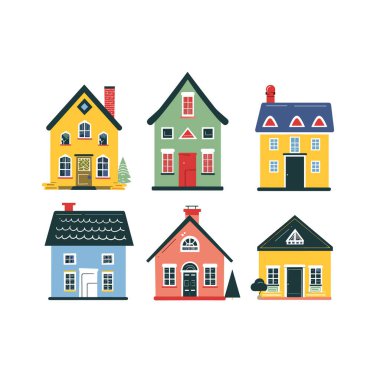 Koleksiyon renkli karikatür evleri, farklı tasarımlar şekiller, konut binaları. Şirin banliyö evleri, renkli cepheler, çatılar, pencereler, izole beyaz arka plan. Değişim parlak, ev
