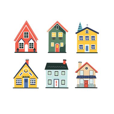 Beş farklı renkli karikatür tarzı ev izole edilmiş beyaz arka plan. Basit yerleşim yerleri şirin ev çeşitli çatı pencereleri tasarlıyor. Konforlu mahalle konsept koleksiyonu ilginç evler