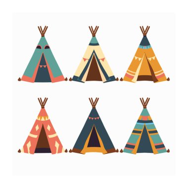 Koleksiyon renkli çadırlar geleneksel Amerikan yerlilerinin düz dizaynları. Çadır, kabile kampı konutları açık hava kültür temsilcisi. Göçebe yaşam grafiklerini yerel barınaklara ayarla