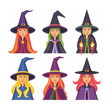 Değişik saç renkleri gösteren renkli cüppe şapkalar giyen altı çizgi film cadısı. Kadın cadılar ayırt edici saç stili broşlar, resimli kaprisli, parlak stili, beyaz arkaplan
