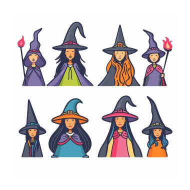 Sivri uçlu şapkalar giyen, renkli kıyafetler giyen, sihirli jestler yapan altı farklı karikatür cadısı. Çeşitli saç modelleri, neşeli ifadeler, büyülü alevler, izole edilmiş beyaz. Farklı biçimler