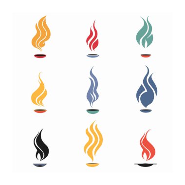 Dokuz farklı stilize alev ikonu, farklı renk tasarımları, beyaz arkaplana göre ayarlanmış. Grafik tasviri çeşitli soyut alevler, ideal logolar yaratıcı projeler. Koleksiyon alevi
