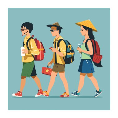 Üç genç Asyalı gezgin yanlarında çeşitli seyahat eşyaları taşıyarak, sırt çantalı kültür tasvir ederek yan yana yürüyorlar. Hasır şapka, güneş gözlüğü, soğuk içecek, bayrak temalı beslenme çantası turist titreşimleri yayıyor.