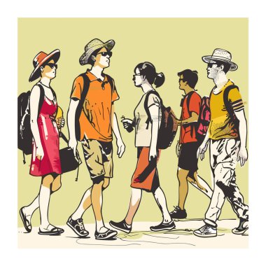 Genç yetişkinler yürüyor, günlük yaz kıyafetleri, sırt çantaları, şapkalar, boş zaman aktiviteleri. Arkadaşlar birlikte dolaşır, açık havada, animasyon sohbetleri, çeşitli erkek kadın karakterler. Şehir ayarları