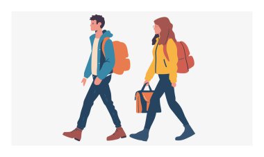 Genç erkek, kadın, yürüme tarafı, ikisi de ileriye bakan sırt çantaları taşıyor. Erkek ceketli kot ayakkabılar, kadın sarı kapüşonlu, mavi pantolonlu çanta taşıyan. Modern, sıradan bir şehir.