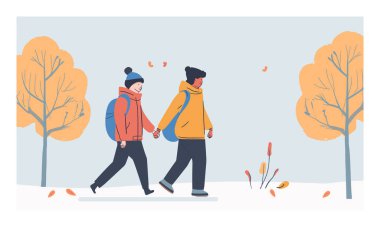 Kar parkında el ele tutuşmuş, kışlık giysiler giymiş, sonbahar ağaçlarının altında yürüyen iki kişi. Erkek kadın ceketleri, soğuk havada dışarıda rahatça geziniyor. Mevsimlik karakterler