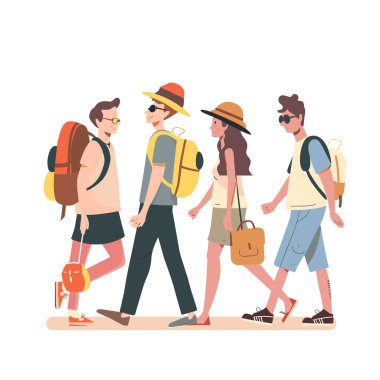 Dört yetişkin yaz kıyafeti giymiş, güneş gözlüklü, sırt çantalı, yan yana yürüyor. Grup arkadaşları gezintiden zevk alıyor, iki erkek, iki kadın, şık, rahat bir tatil.