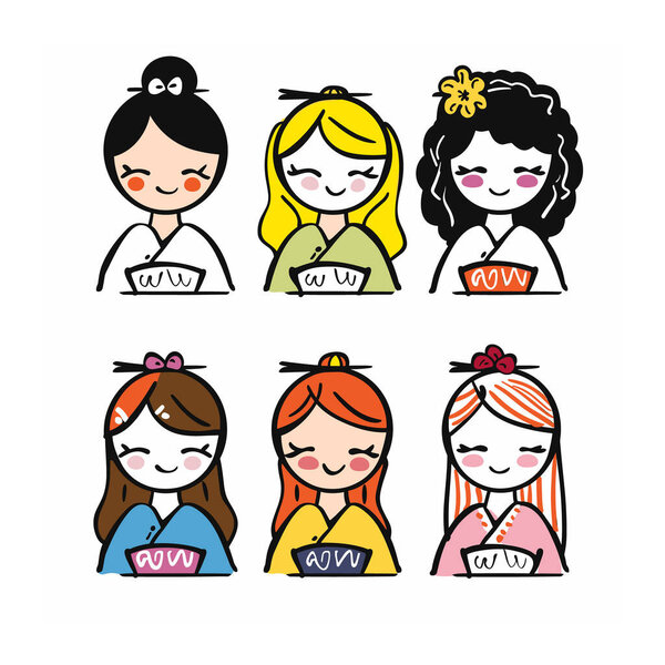 Шесть мультяшных девушек улыбаются, различные цвета причесок, милые каракули. Многокультурные лица, разнообразные характеры, радостные выражения, простая, игривая иллюстрация. Молодые женщины, декоративные элементы