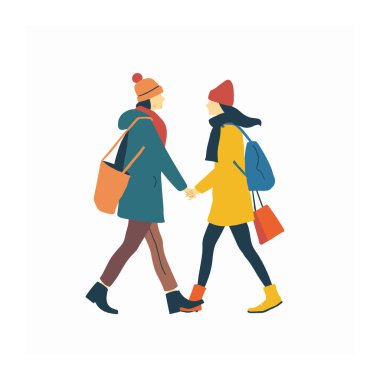 El ele tutuşan iki genç kadın, kış modası, günlük tarz, alışveriş torbaları. Kadın arkadaşlar rengarenk ceketler, taksiler, botlar, soğuk hava kıyafetleri giyerler. Arkadaşlık, şehir hayatı, trend