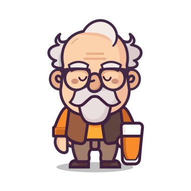 Yaşlı karikatür bilimci elinde deney şişesi, gözlük takıyor. Çizgi film dedesi beyaz sakallı, turuncu gömlekli laboratuvar önlüklü, bilim. Huysuz ihtiyar gözlükleri, bilim vektörü.