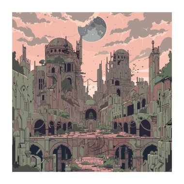 Futuristic cityscape illustration depicting dilapidated architecture under pink sky large moon stars. Ruined buildings arches convey postapocalyptic world no visible inhabitants. Scifi concept art clipart