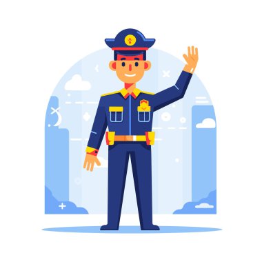 Dost canlısı polis çizgi filminde selamlaşıyoruz. Üniformalı, rozetli, şapkalı, kendine güvenen bir erkek polis. Canlı illüstrasyon kanun uygulama, güvenlik, kamu hizmeti