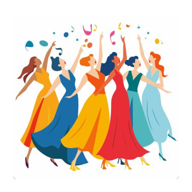 Beş kadın neşeyle dans ediyor, renkli elbiseler, şık moda, kutlama konsepti. Çeşitli grup kadın karakterleri, neşeli ruh hali, şık topuklar, müzik notaları, canlı dans. Kutlama