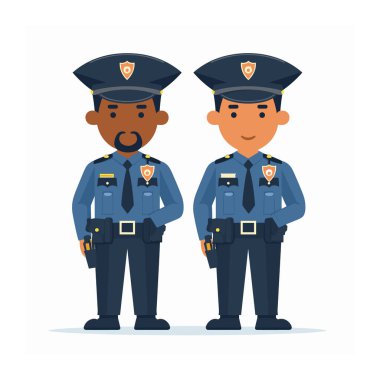 İki polis memuru yan yana, gülümsüyor, biri Afrikalı, diğeri beyaz ırktan. İki karakter de mavi polis üniforması, rozet, tabanca kılıfı, görev kemeri takıyor. Resim seti