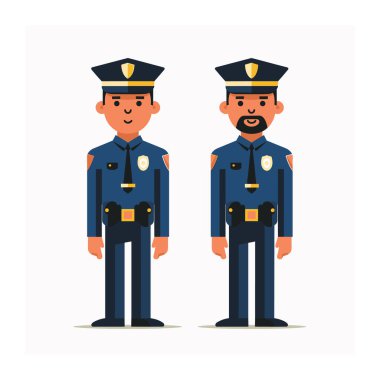 Yan yana duran iki polis memuru, erkek, gülümseyen, çizgi film temsilcisi, etnik çeşitlilik gösteriliyor. Mavi üniformalı, altın rozetli, kemerli, kendinden emin, dost canlısı memurlar.