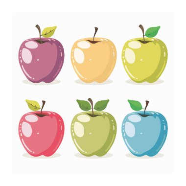 Altı renkli karikatür elması, vektör illüstrasyon meyve seti. Çeşitli renkler, elma ikonları, sağlıklı besin grafikleri, izole edilmiş beyaz arka plan. Kırmızı, yeşil, mavi, mor, sarı, açık yeşil