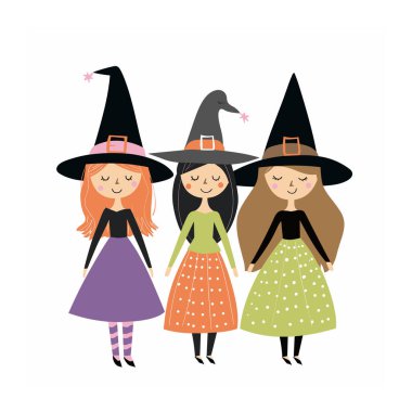 Üç animasyon genç cadı el ele tutuşmuş, gülümsüyor, renkli kıyafetler giyip sivri şapkalar takıyor. Cadılar Bayramı kutlaması dost canlısı cadı karakterleri, çocuk parti kostümleri, çizgi film tarzı. Oyuncu cadılar meclisi