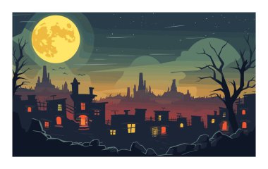 Şık vektör illüstrasyonu alacakaranlık şehir manzarası. Dolunay gece gökyüzünü aydınlatıyor, yıldız kuyrukluyıldızları mistisizm ekliyor. Siluetli binalar çorak ağaçlar gotik atmosfer yaratır.