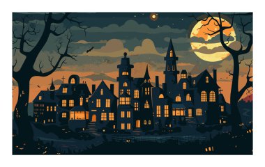 Ürkütücü Cadılar Bayramı kasabası hayaletli evler turuncu ay ışığında gökyüzüne bakıyor korkunç ağaçlar uçuşuyor yarasalar. Gotik mimari, ürkütücü ortam, dolunay gecesi korku teması, festival arkaplanı, Ekim etkinliği.