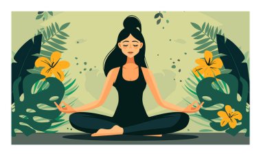 Asyalı kadın yeşil tropikal yapraklar arasında yoga meditasyonu yapıyor. Huzurlu kadın Lotus, nefes alma rahatlığı, farkındalık, doğa çevresi gibi pozlar verir. Sağlık Sağlığı