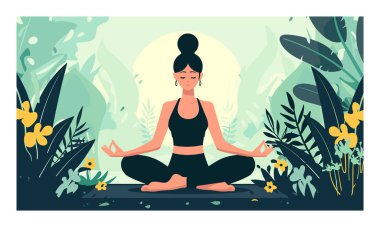 Kadın yoga yapıyor. Huzurlu doğa seti. Dişi yogi nilüfer çiçekleri meditasyon yapar. Etrafı sarılmış bitkiler, dinginlik yayar. İllüstrasyon, farkındalığı, sağlık sükuneti ve açık hava sahnesini betimler.