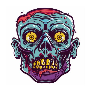 Renkli zombi kafa çizimi, detaylı korku sanatı, canlı ölümsüz grafik tasarımı. Kan damlayan sarı gözlü kafatası, korkutucu Cadılar Bayramı teması, ürpertici ölümsüz karakter çizimi. Pop sanat tarzı zombi