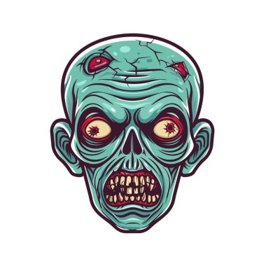 Zombie head illustration featuring detailed undead creature design. Greenskinned zombie face exposed teeth redeyed stare isolated white. Horrorthemed graphic showing decaying cracks wounds clipart