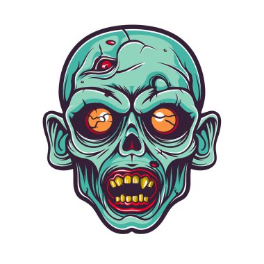 Zombi baş vektör çizimi canlı renkler. Yeşil derili zombi suratı parlayan gözler korkunç bir ifade. Çizgi film korku ölümsüz yaratık dişleri tehditkar zombileri gözler önüne seriyor